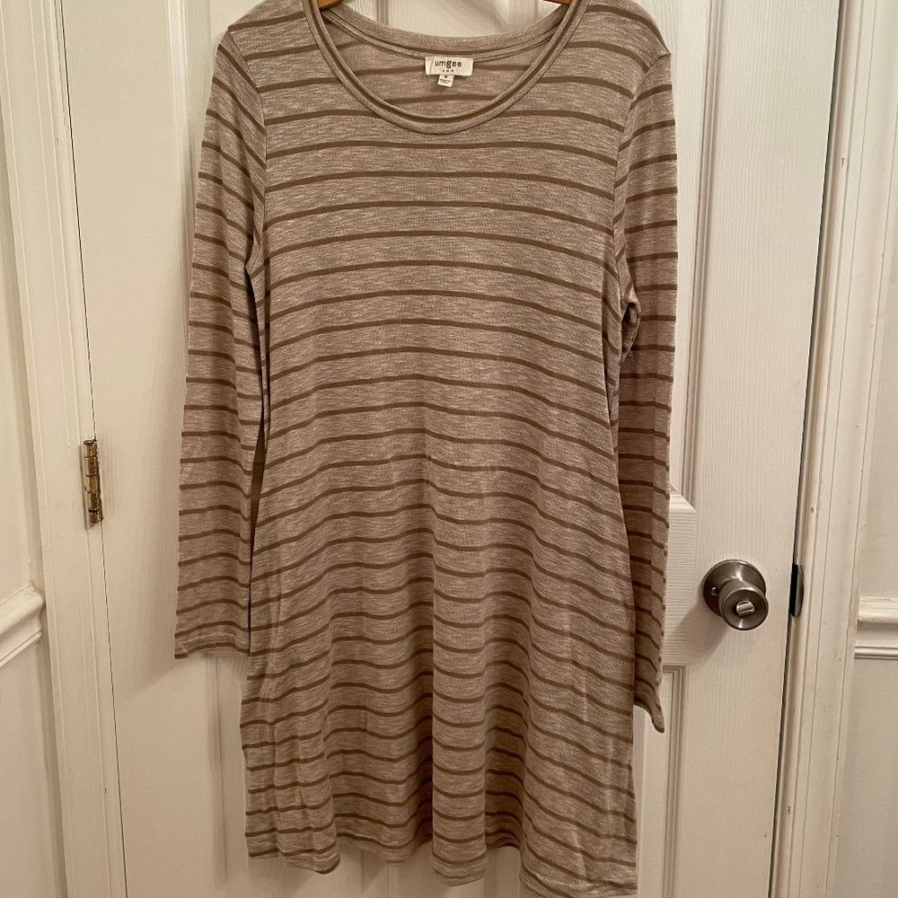 Umgee Beige Striped A-line Tee Shirt Dress Tunic Long Sleeve with Pockets size M